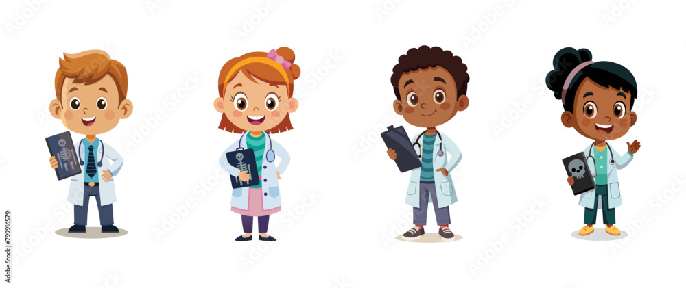Cartoon children as x-ray specialists with ct scan, vector illustration.