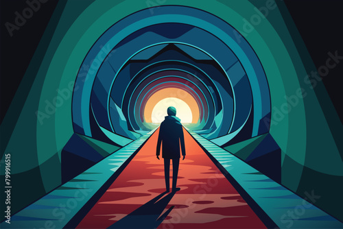 Solitary figure standing at the end of a vibrant tunnel, vector cartoon illustration.