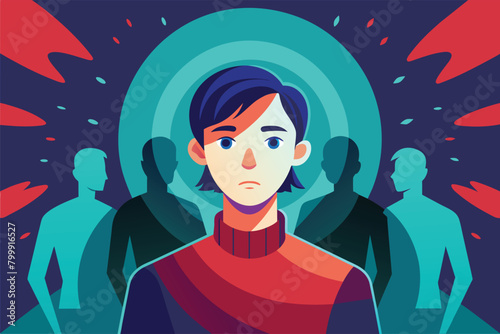 Individual feeling disconnected amidst a crowd, vector cartoon illustration.