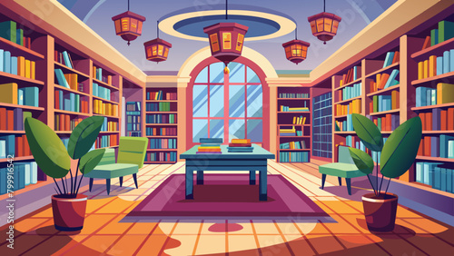 Cozy library with sunlight through window vector cartoon illustration.