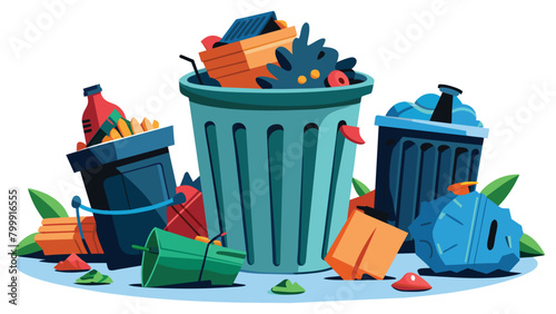 Overflowing trash bins with rubbish, vector cartoon illustration.