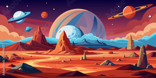 Alien landscape with planets and space vector cartoon illustration.