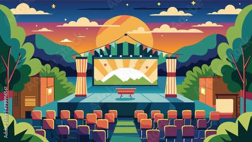 Open-air theater stage at sunset,  vector cartoon illustration.