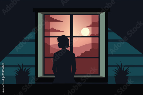 Silhouette of a person standing behind closed window, vector cartoon illustration.