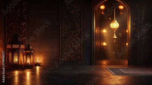 An atmospheric indoor scene depicting ornate lanterns and Moorish archways illuminated by golden light.