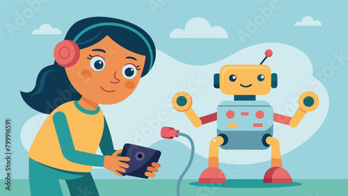 A young girl with ADHD excitedly controls her robots movements with a special controller designed for individuals with attention difficulties.. Vector illustration