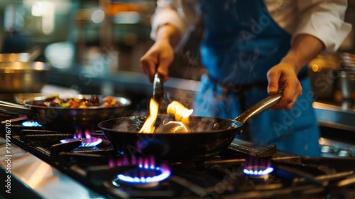 Photograph of a chef preparing a dish at a gas stove in a restaurant kitchen.
