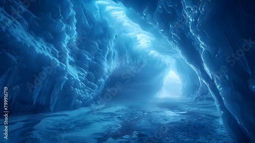 An undiscovered ice cave with stunning blue formations, stark against a minimalist background.  photo