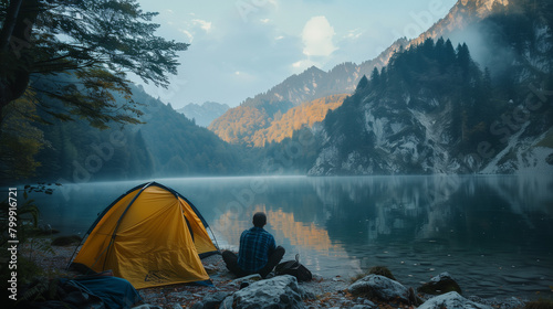 A man camping in front of quite beautiful lake behind the beautiful mountain in Autumm season. photo