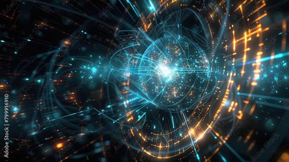 Obraz premium High tech server visualization, displaying particle data streams, circular computing interfaces, and virtual reality environments