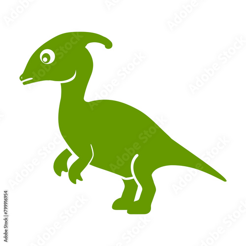Vibrant green Parasaurolophus silhouette standing solo, suggesting a tranquil ancient environment. © JIRMoronta