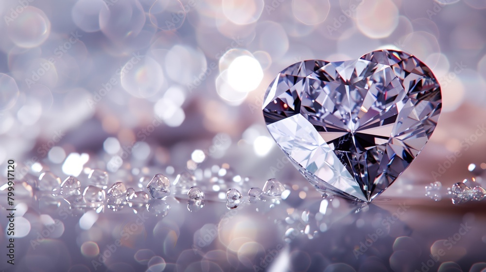 A sparkling heart-shaped diamond on a reflective surface surrounded by smaller gemstones and soft bokeh lights. A sparkling heart-shaped diamond on a reflective surface surrounded by smaller gemstones and soft bokeh lights.