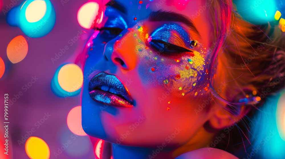 A woman with silver lips and face paint poses in colorful neon lights. Her makeup glows and shimmers, creating a vibrant and eye-catching look.