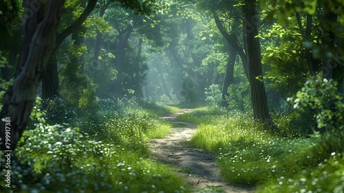 A secluded path in an ancient forest  the greenery vibrant and focused against a clear sky.