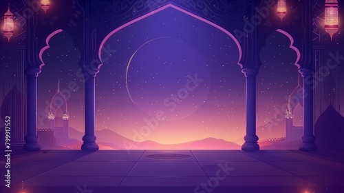 Scenic illustration of an open arch gateway with a view of a sunset skyline featuring ornate lanterns and columns.