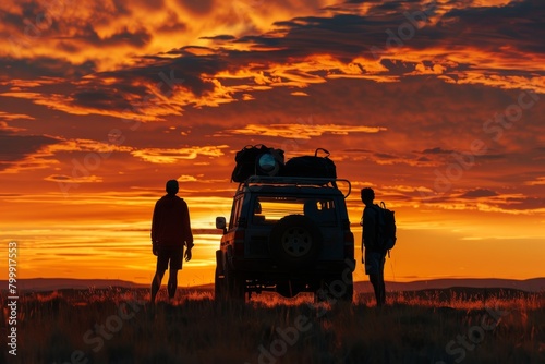 SUV travelers tourists at sunset
