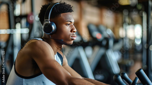 A young man wearing headphones sits on a stationary bike in the gym. He looks away while listening to music and getting a cardio workout. photo