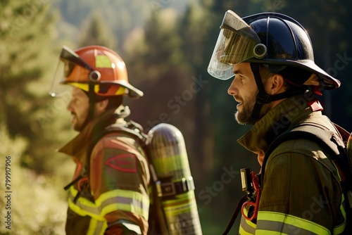 Two firefighters discussing amid forest