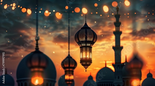 A captivating scene featuring a traditional lantern amidst floating lights and mosque silhouettes at sunset.