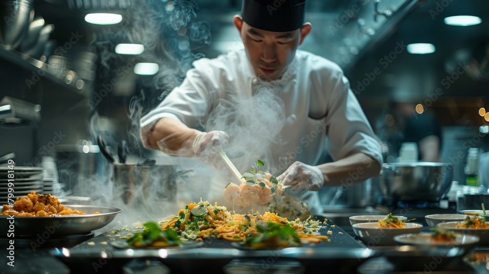 Chef in a hotel kitchen supervising the preparation of international cuisine for guests, showcasing culinary expertise. Chef in a hotel kitchen supervising the preparation of international cuisine for guests, showcasing culinary expertise.