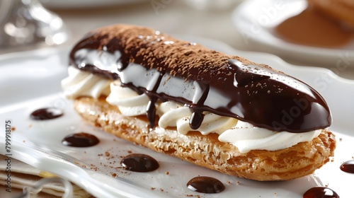 Indulgent chocolate-drizzled eclair on a plate photo