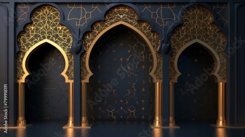 Elegant Islamic arch design with intricate golden patterns on a dark blue background, exuding luxury and artistry.