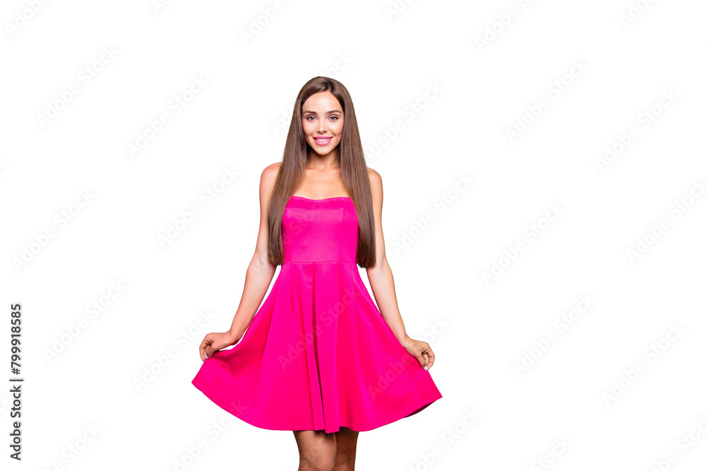 Young gorgeous nice cute attractive perfect smiling glam girl wearing bright pink fucsia dress. Isolated over bright vivid turquoise background