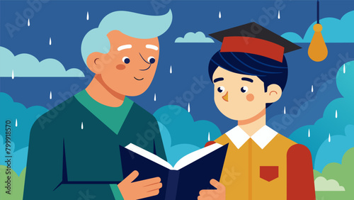 An old veteran and a young student become unlikely friends sharing stories of their different perspectives and life experiences while staying dry from. Vector illustration