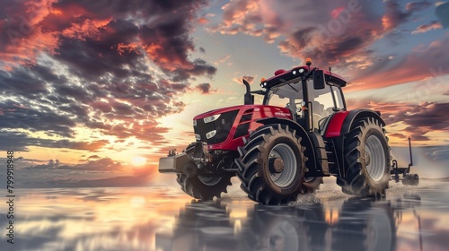 Red Tractor Parked in Front of Sunset © Ахтем