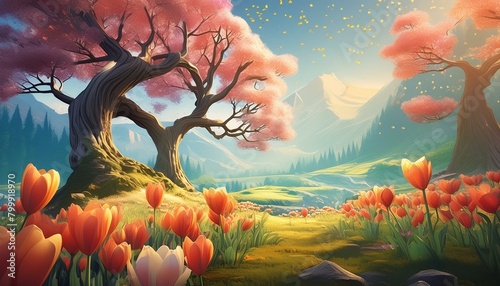  a virtual forest scene where the tulip tree stands tall, its blossoms dancing in the breeze."