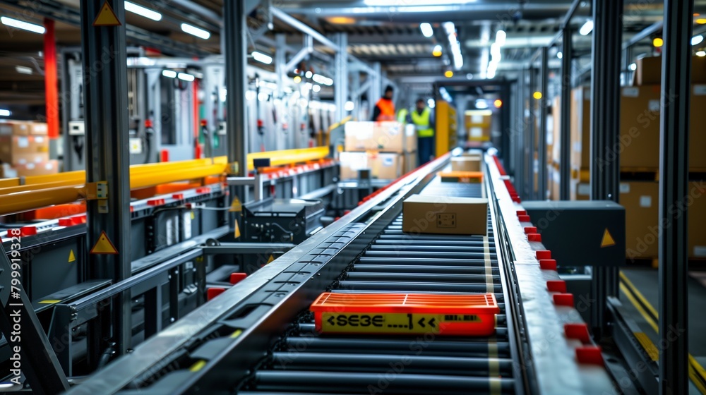 Conveyor Belt in Warehouse With Boxes