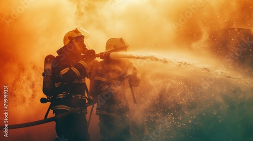 Close-up action of two firefighters spraying water with high pressure nozzles to shoot surrounded by smoke with flames. photo