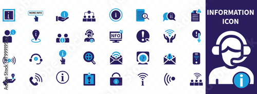 Information icon set. Containing info, help, inform, support, news, about us, instructions and notice icons. Solid icon collection. Vector illustration.