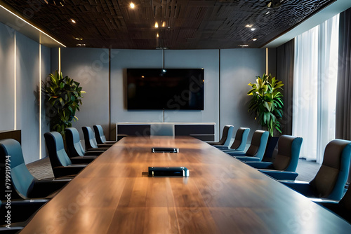 High level meeting of excutive room is decorated with stylish table and chairs around. Conference room is ready for next level of executive meeting
