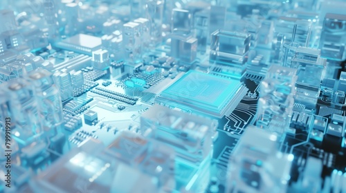 Detailed macro view of a circuit board in futuristic blue tones, showcasing its complex architecture.