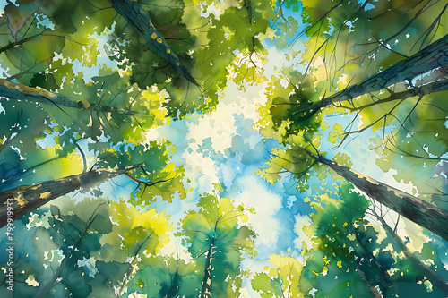 Watercolor painting pastel color steps of thick trees as seen from below.