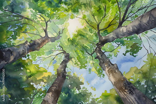 Watercolor painting pastel color steps of thick trees as seen from below.