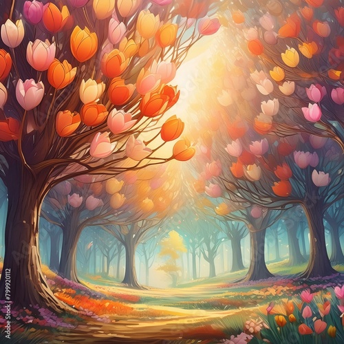  a virtual forest scene where the tulip tree stands tall, its blossoms dancing in the breeze."