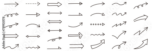 シンプルな矢印アイコンセット。ベクター、イラスト、手書き、線、上下、左右