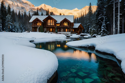 Beautiful view of Emerald Lake with snow covered and wooden lodge glowing in rocky mountains and pine forest on winter