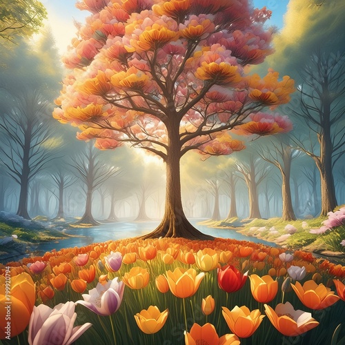  a virtual forest scene where the tulip tree stands tall, its blossoms dancing in the breeze."