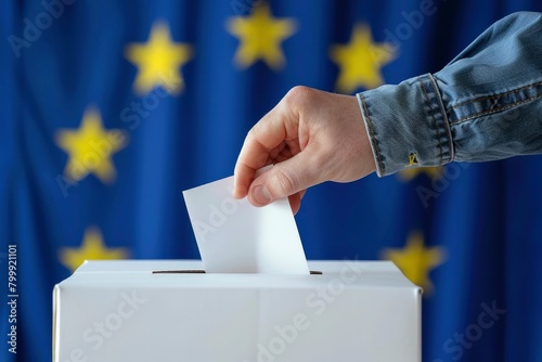 A voter using their ballot against a European flag background