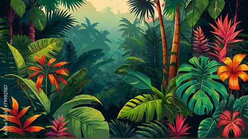 Colorful tropical forest background of wild plants