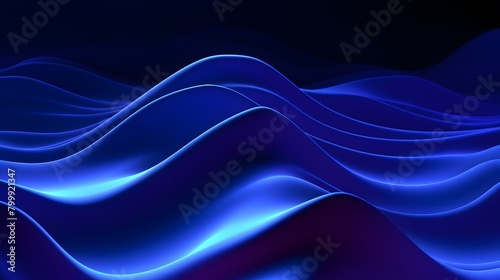 
3d render, abstract minimal neon background with glowing wavy line. Dark wall illuminated with led lamps. Blue futuristic wallpaper