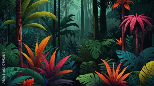 Colorful tropical forest background of wild plants