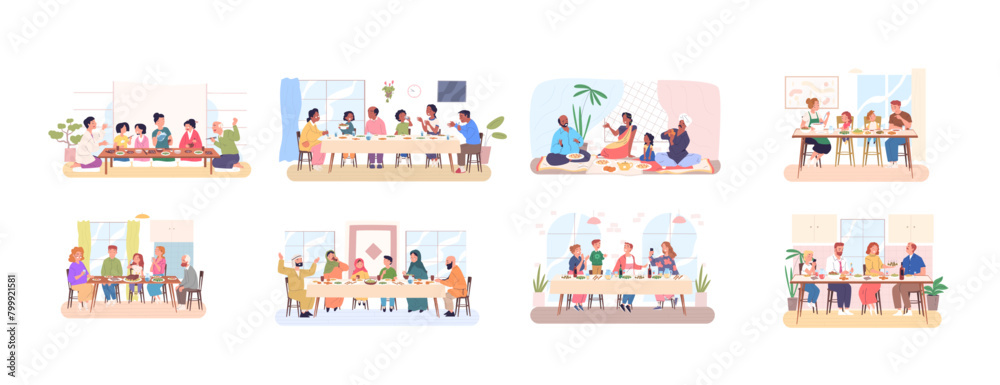 Families dining tables. Parents children grandparents eating feast meal talking holiday table, family dinner breakfast lunch in kitchen home restaurant, classy vector illustration