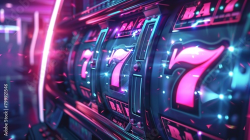 Close-up view of vibrant slot machines with glowing lights and lucky number sevens.
