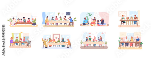 Families dining tables. Parents children grandparents eating feast meal talking holiday table, family dinner breakfast lunch in kitchen home restaurant, classy vector illustration