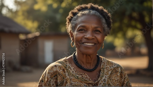 elder african woman smiling looking at camera portrait with outdoor morning background from Generative AI