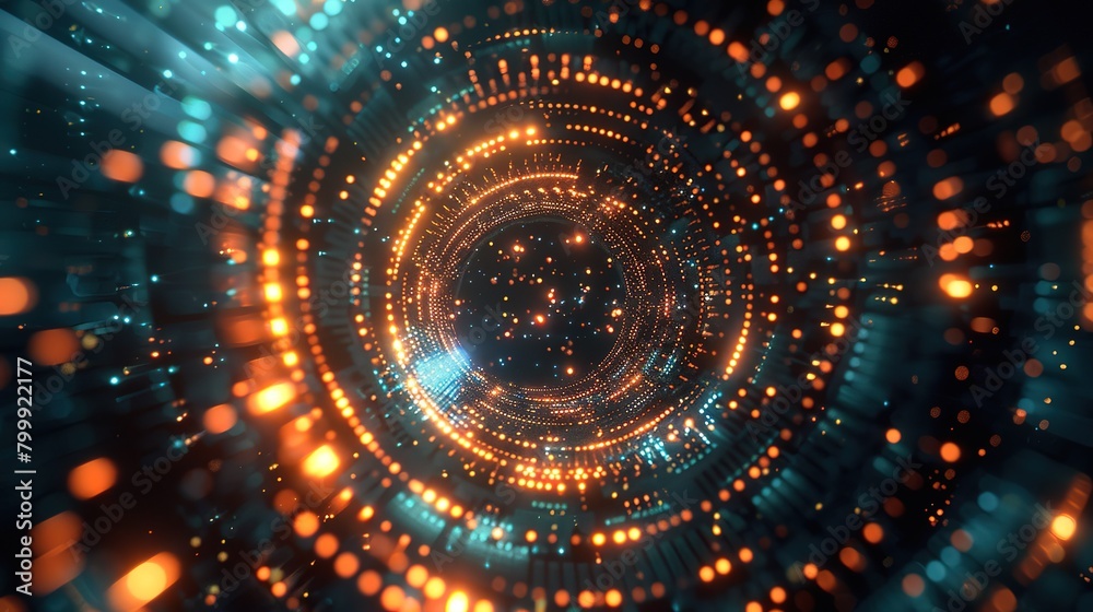 Obraz premium High tech server visualization, displaying particle data streams, circular computing interfaces, and virtual reality environments
